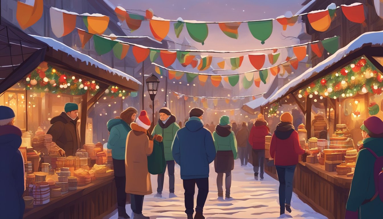 Colorful Christmas market with traditional Bulgarian decorations and festive music. Families enjoying hot drinks and treats while browsing through handmade crafts