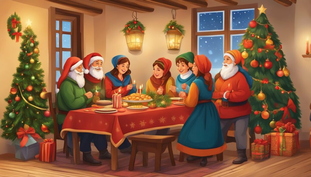 A cozy Bulgarian home adorned with traditional Christmas decorations, a festive table set with traditional holiday dishes, and a group of joyful carolers singing traditional Christmas songs