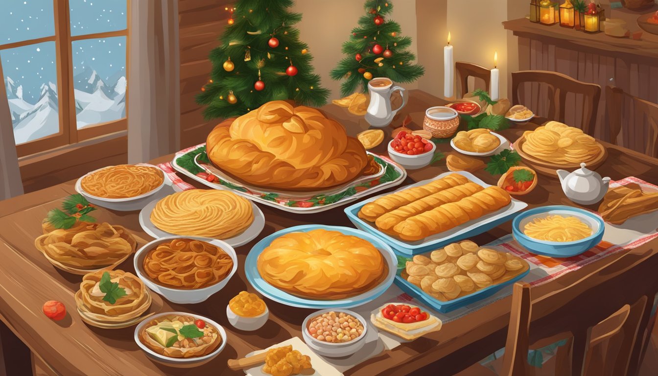 A traditional Bulgarian Christmas table set with kozunak (sweet bread), mekitsi (fried dough), and banitsa (cheese pastry) surrounded by family and friends