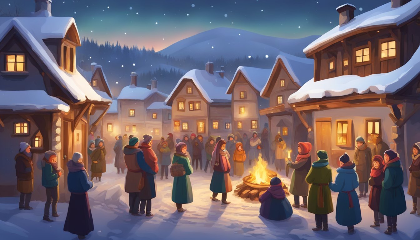 Snow-covered village with traditional Bulgarian houses, decorated with lights and ornaments. People gather around a bonfire, singing and dancing to festive music