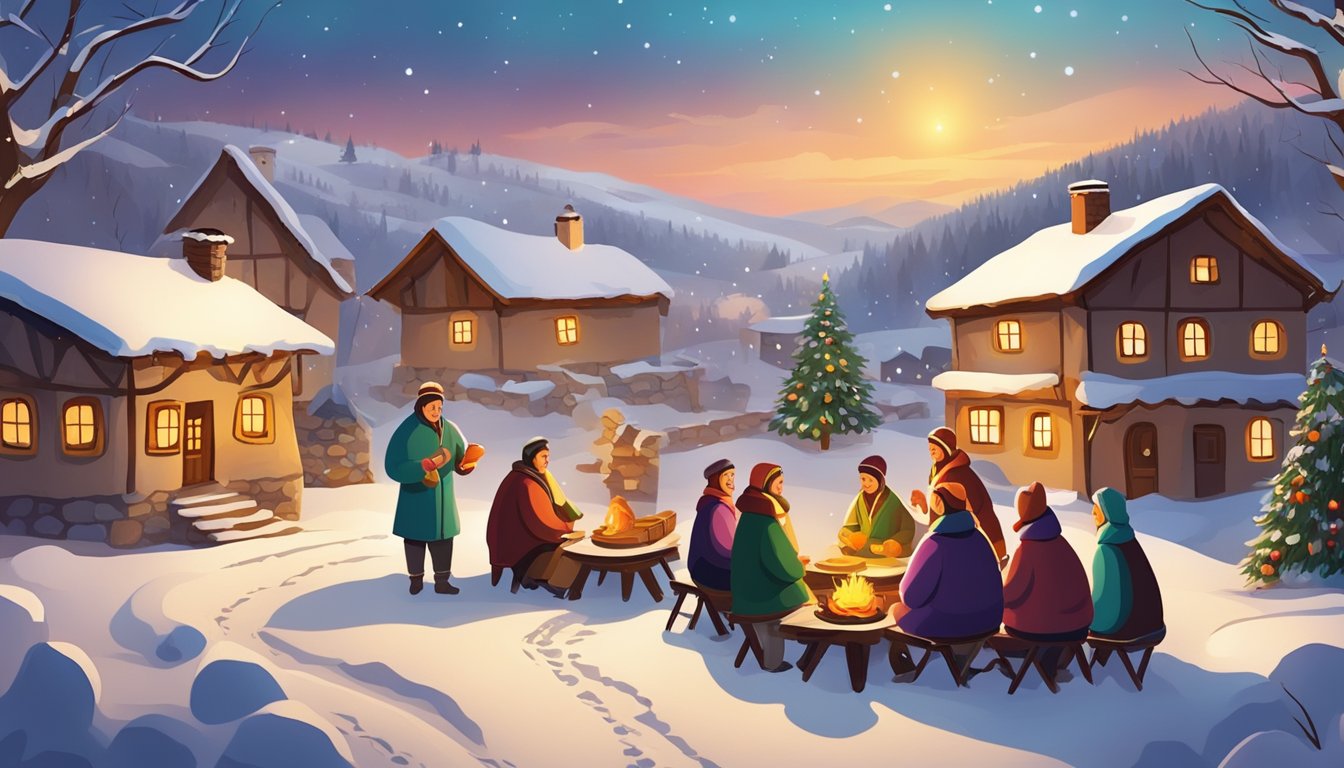 Snow-covered Bulgarian village with colorful houses. Families gather around a bonfire, singing and dancing. Traditional Bulgarian ornaments adorn the trees. A table is set with homemade bread, honey, and wine