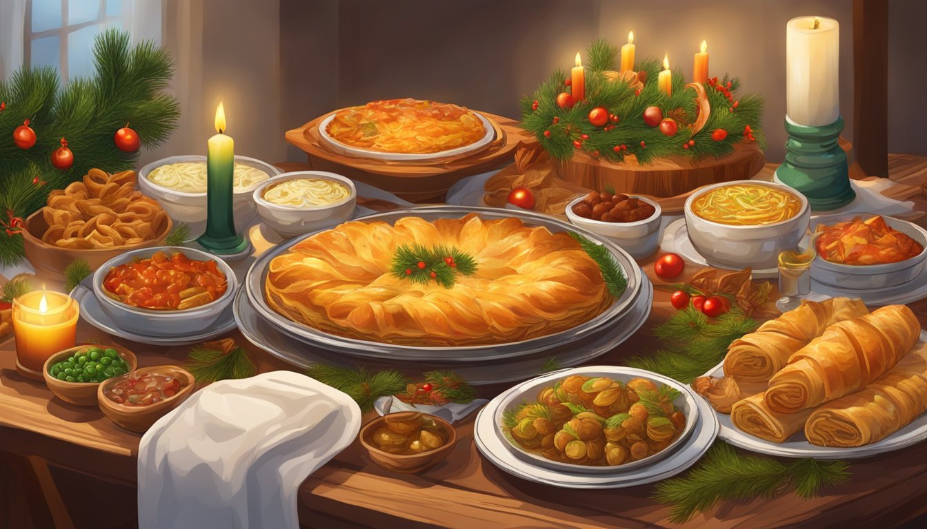 A table adorned with traditional Bulgarian Christmas dishes, including banitsa, kozunak, and sarma, surrounded by festive decorations and candles