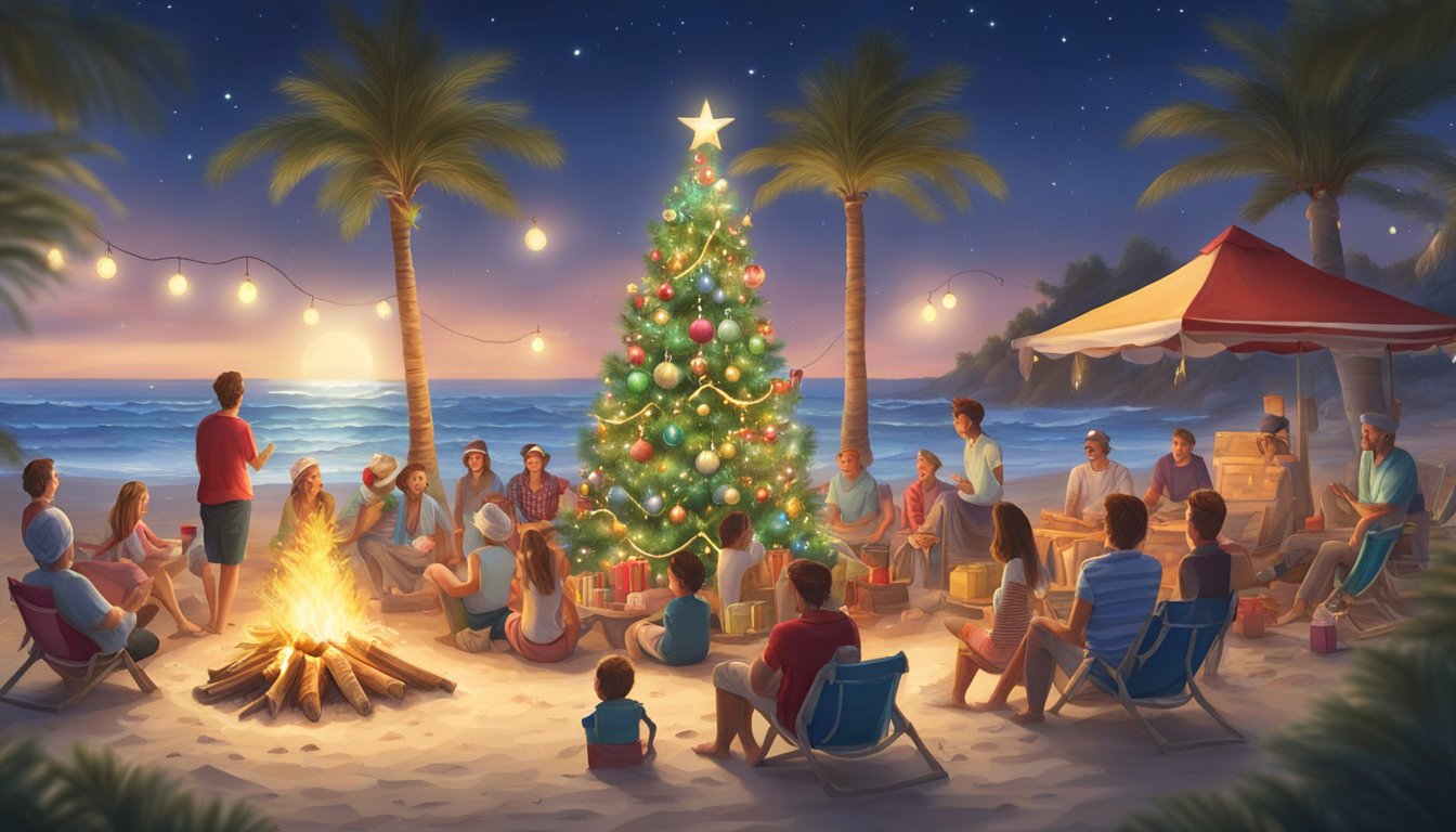 A festive scene with a Christmas tree adorned with beach-themed ornaments, surrounded by people wearing Santa hats and enjoying a beach bonfire