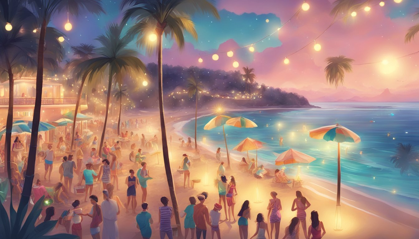 A beach scene with palm trees decorated with Christmas lights, surrounded by people in swimsuits exchanging gifts and enjoying festive music