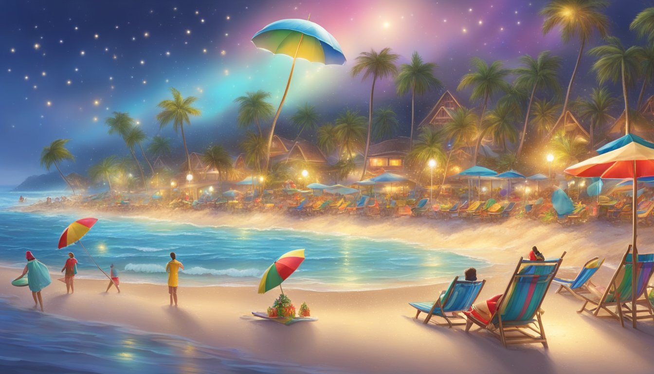 A beach scene with palm trees adorned with twinkling lights, a sandy shore filled with colorful umbrellas and beach chairs, and a Santa Claus figure surfing on the waves