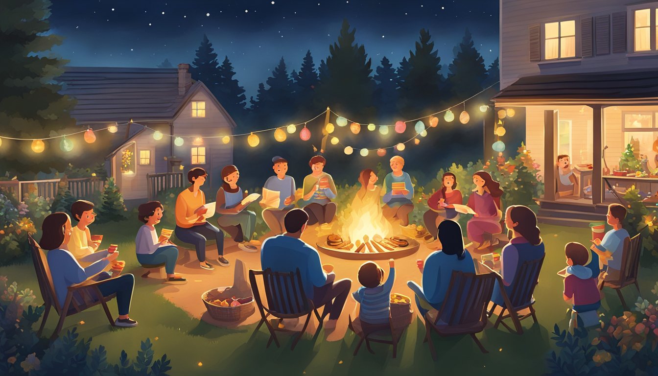 Families gathered around a bonfire, exchanging gifts and singing carols in the warm summer night. Tables filled with festive treats and decorations, creating a cozy and joyous atmosphere
