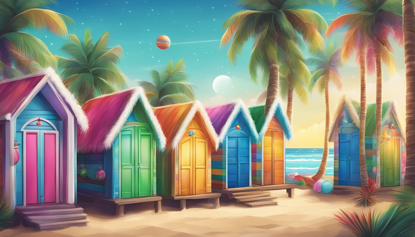 Colorful lights, tinsel, and ornaments adorn palm trees and beach huts. A Santa Claus figure in sunglasses holds a surfboard