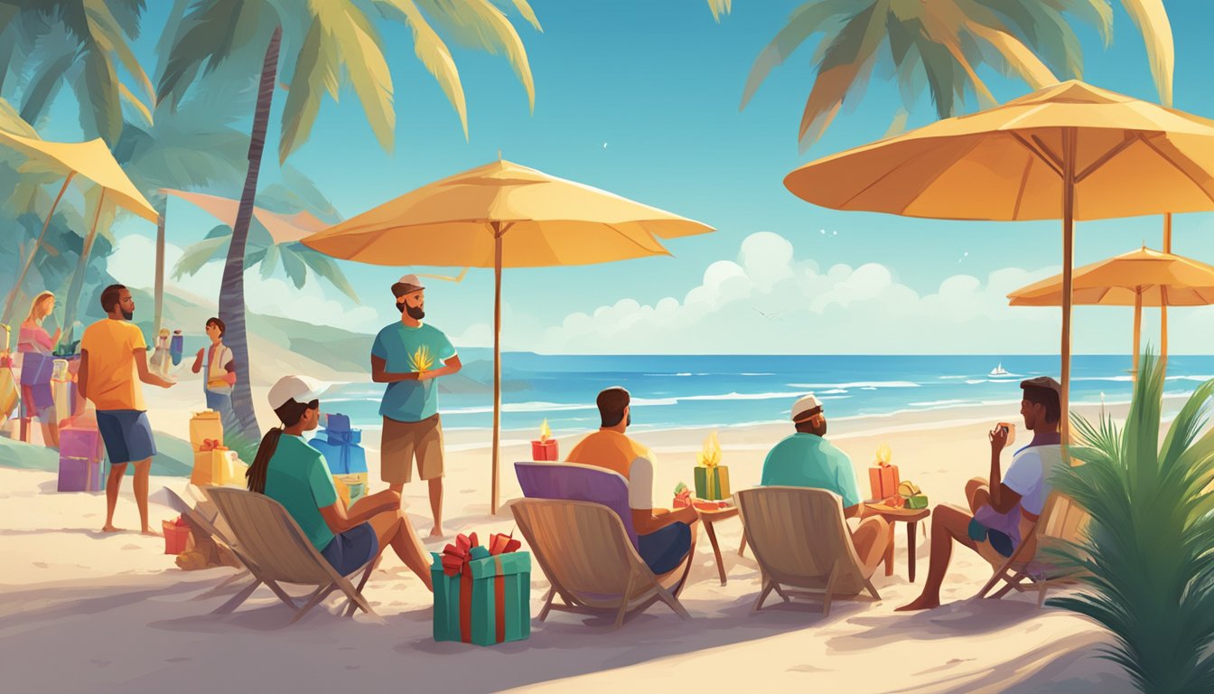 A beach scene with palm trees, a bonfire, and a group of people exchanging Christmas gifts in July