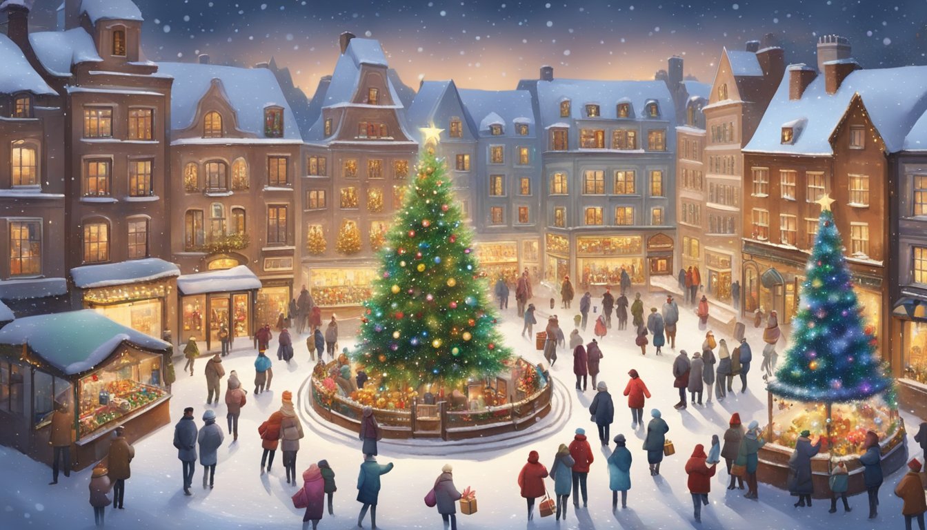 People exchanging gifts in a festive, snow-covered town square with decorated shops and a giant Christmas tree