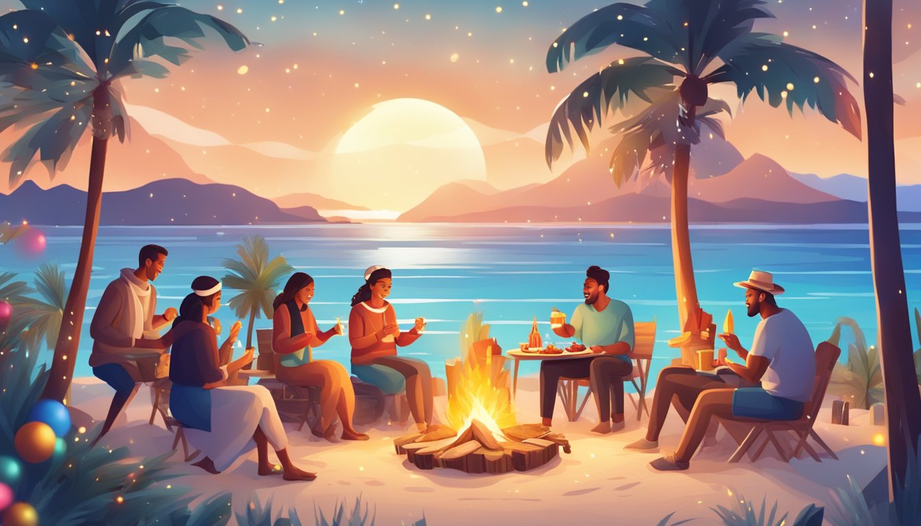 Festive scene with snow-covered palm trees, colorful lights, and a beach bonfire. A group of people are exchanging gifts and enjoying a traditional Christmas feast