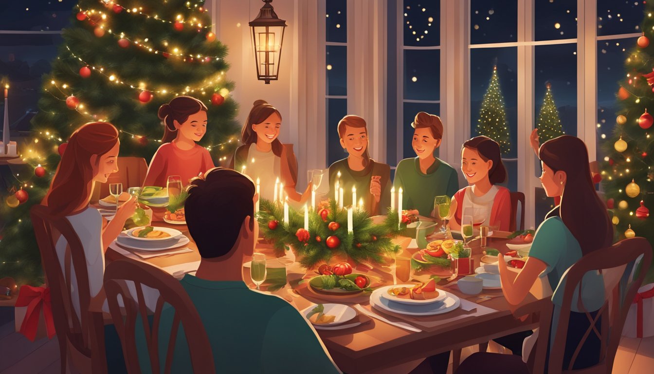 A festive table adorned with red and green decorations, surrounded by friends and family enjoying a warm summer evening, with a Christmas tree twinkling in the background