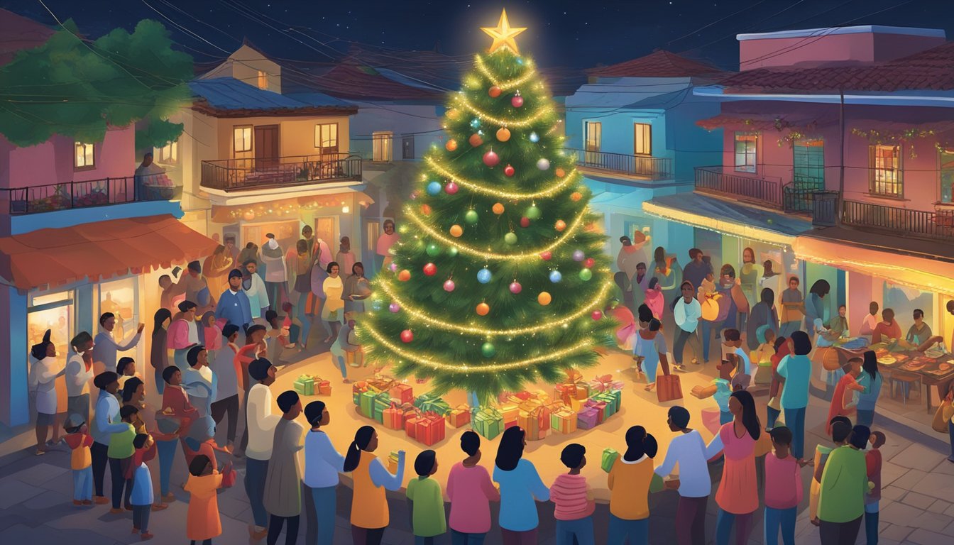Families gather around a brightly decorated Christmas tree, exchanging gifts and enjoying traditional Colombian dishes. Outside, colorful lights adorn the streets as people celebrate with music and dancing, while others face the challenges of poverty and inequality