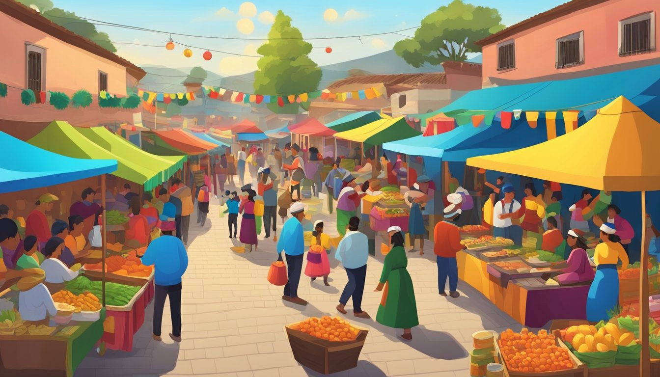Colorful Colombian Christmas market with vendors selling traditional food and crafts, surrounded by joyful families and lively music