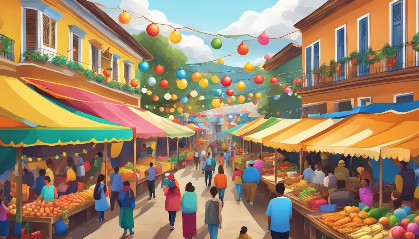Vibrant Colombian Christmas market with colorful decorations, traditional music, and festive food stalls