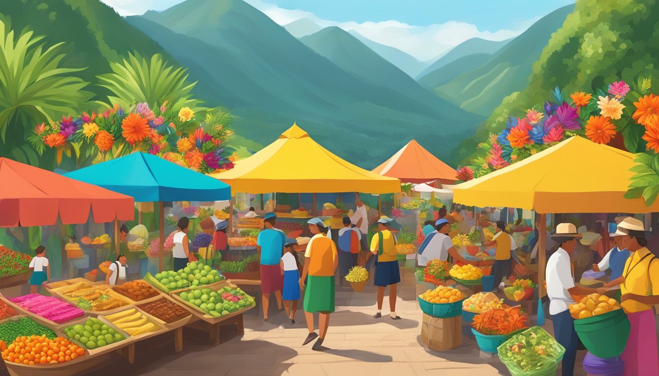 Colorful Colombian Christmas market with vendors selling traditional foods and crafts, surrounded by lush green mountains and vibrant flowers
