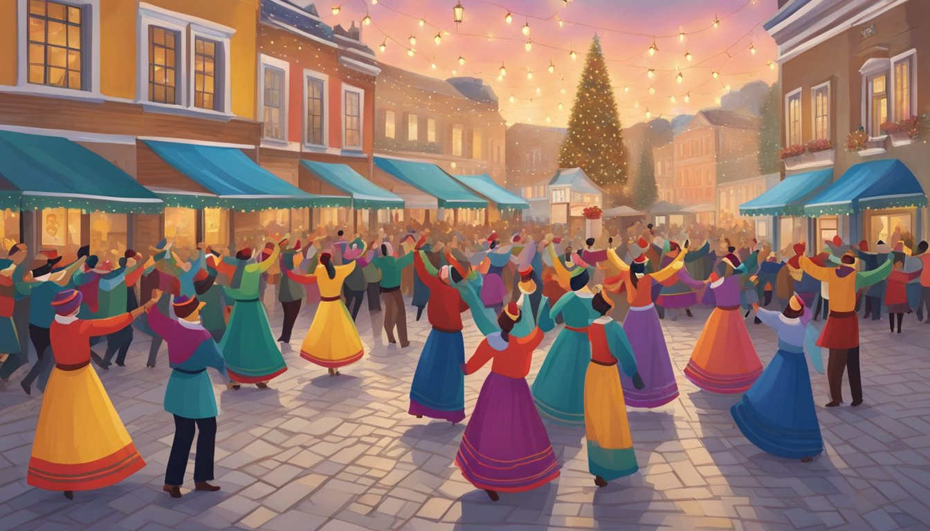 Colorful folk dancers perform traditional Christmas dances in a town square adorned with festive lights and decorations. The sound of lively music fills the air as families gather to watch the joyful celebration