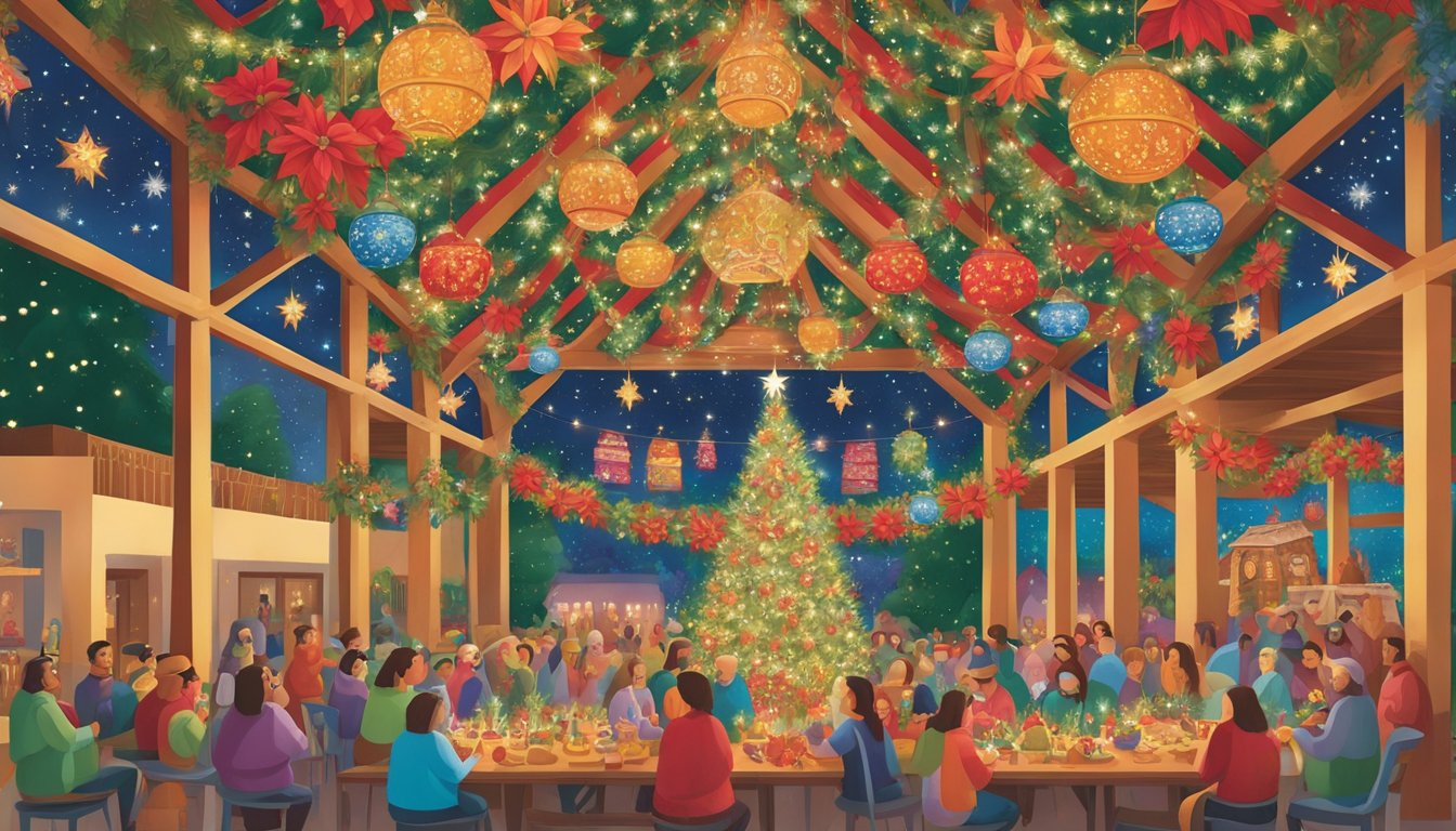 Colorful papel picado hang from the ceiling, depicting traditional Christmas scenes. Bright poinsettias and nativity scenes adorn tables. A large nativity scene takes center stage, surrounded by twinkling lights and festive greenery