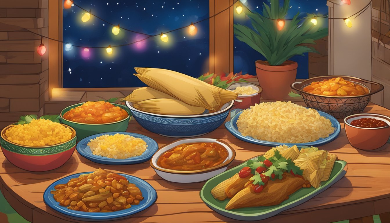 A table set with tamales, arroz con pollo, and rompope. Christmas lights adorn the room, while families gather to share traditional Costa Rican dishes