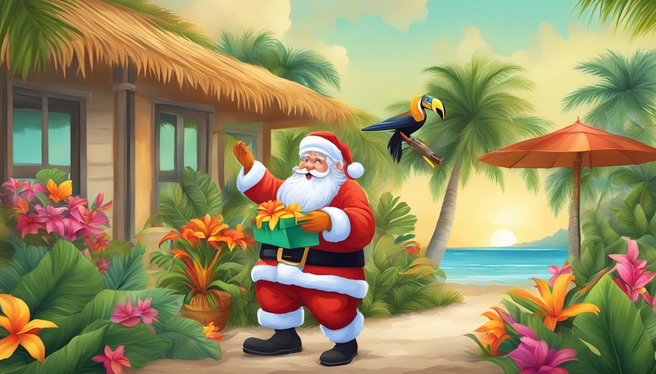 Santa Claus delivering gifts under a palm tree, with colorful tropical flowers and a toucan perched nearby
