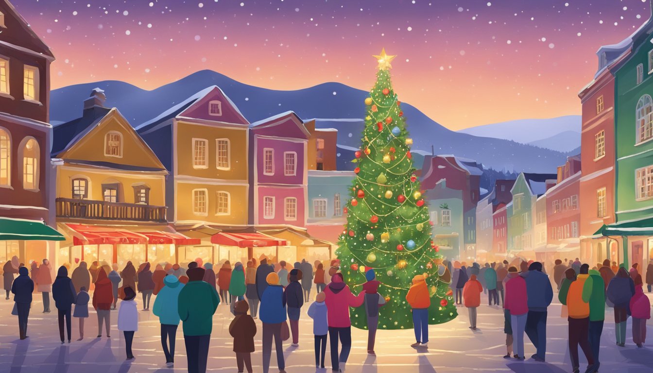 Colorful lanterns hang from rustic buildings, while locals gather in the town square for traditional music and dance. A brightly decorated Christmas tree stands tall as families enjoy festive food and drinks