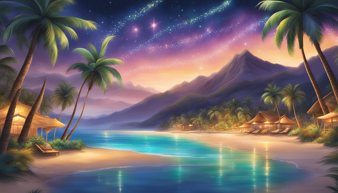 Palm trees adorned with twinkling lights, colorful ornaments hanging from their fronds. A warm, sandy beach with a backdrop of lush green mountains, and a bright, starry sky above