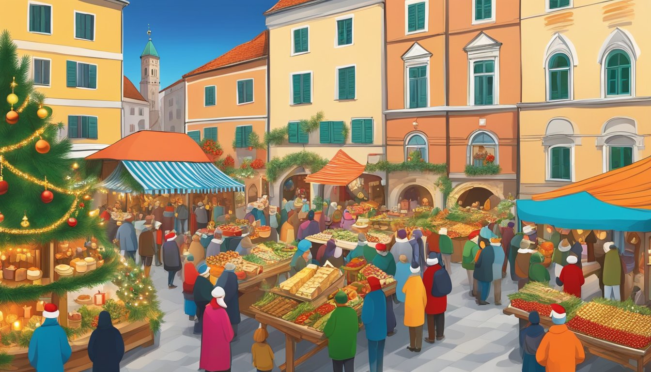 Colorful Croatian Christmas market with traditional decorations, food, and music. A large Advent wreath and nativity scene are central to the festivities