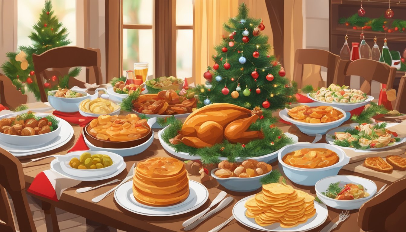 A festive table adorned with traditional Croatian Christmas dishes, surrounded by family and friends, with a beautifully decorated Christmas tree in the background