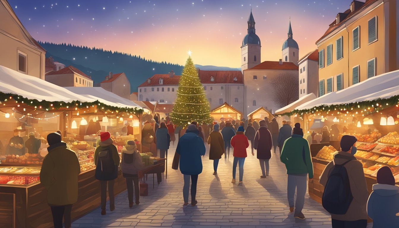 A festive Christmas market in Croatia, with traditional decorations, lights, and a large Christmas tree as the centerpiece