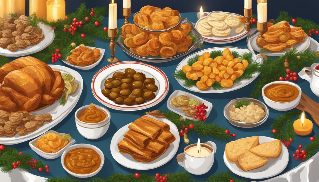 A table adorned with festive Croatian Christmas dishes, including sarma, bakalar, and fritule, surrounded by traditional decorations and candles