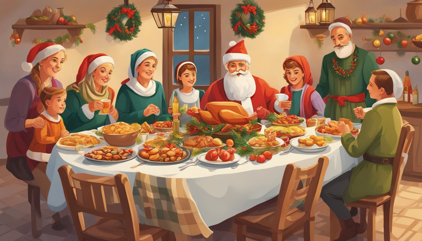 Croatian Christmas: traditional food, colorful decorations, and families gathering around a festive table