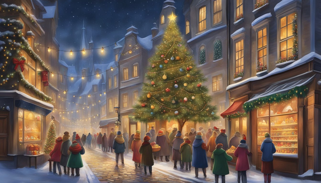 Colorful stalls line cobblestone streets, adorned with twinkling lights and festive decorations. A towering Christmas tree takes center stage, surrounded by joyful carolers and the aroma of mulled wine and roasted chestnuts