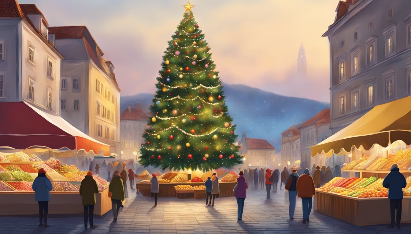 Colorful Croatian market stalls display festive decorations and traditional holiday treats. A Christmas tree stands tall in the town square, adorned with twinkling lights and sparkling ornaments