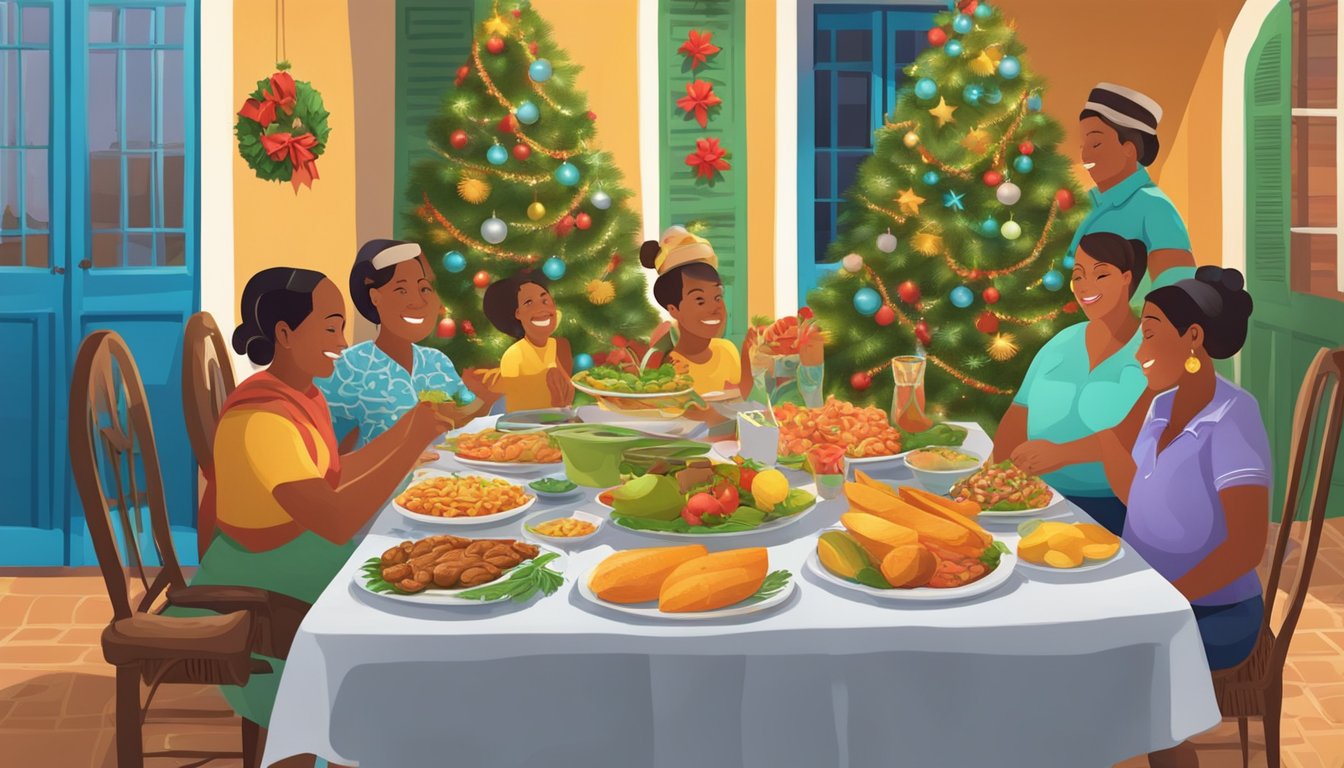 A festive Cuban Christmas scene with colorful decorations, traditional music, and a table filled with delicious food for a family celebration