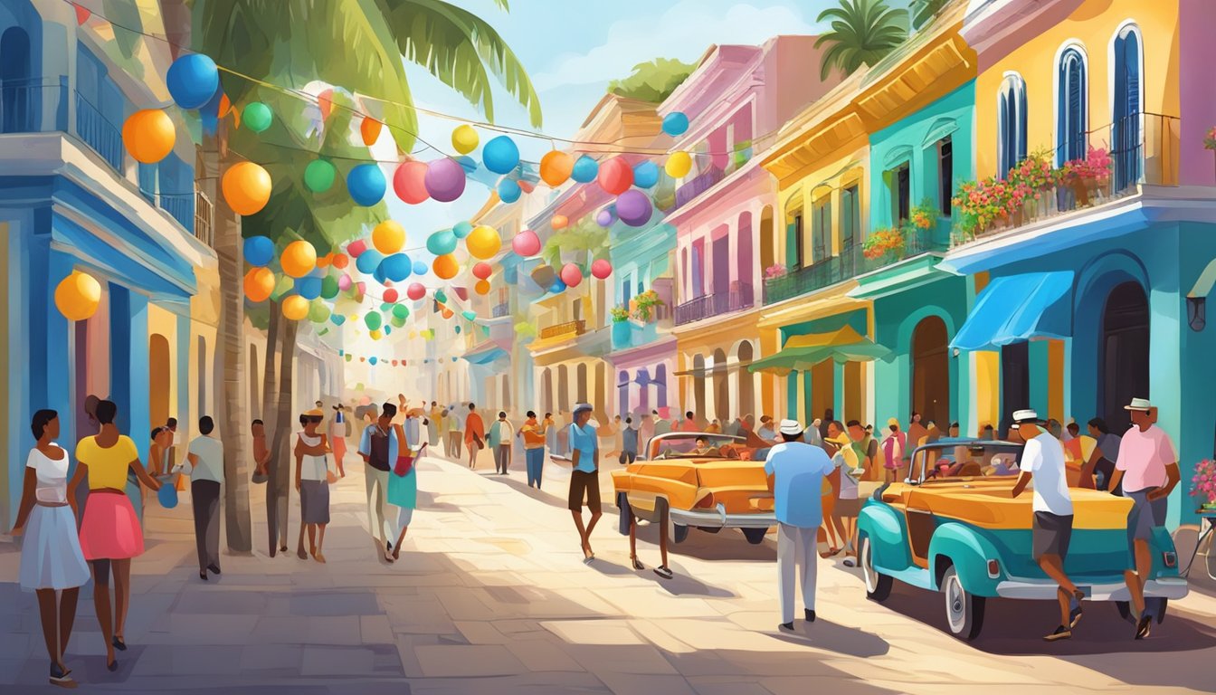 A festive Cuban street scene with colorful decorations and people enjoying holiday activities