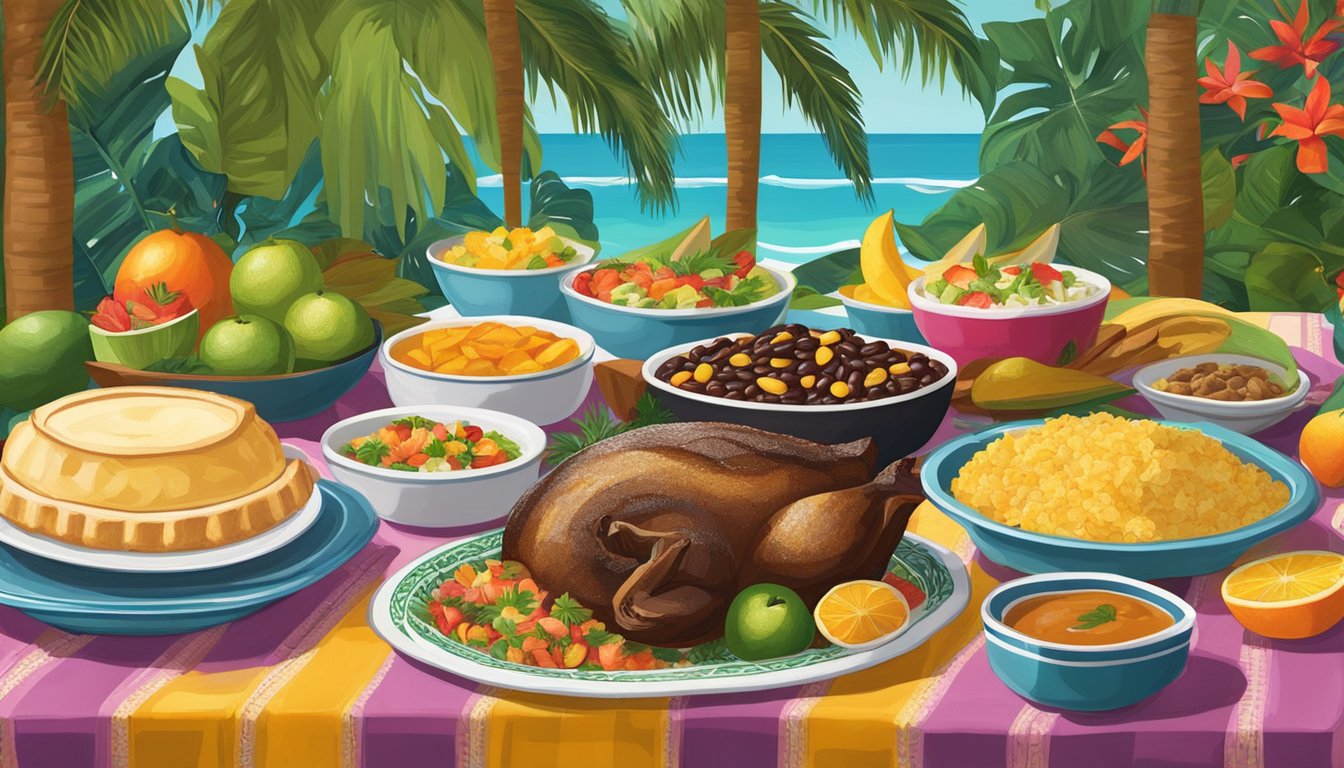 A table filled with traditional Cuban Christmas dishes, including roast pork, black beans and rice, yuca con mojo, and flan for dessert. Decorated with colorful tropical fruits and vibrant table linens