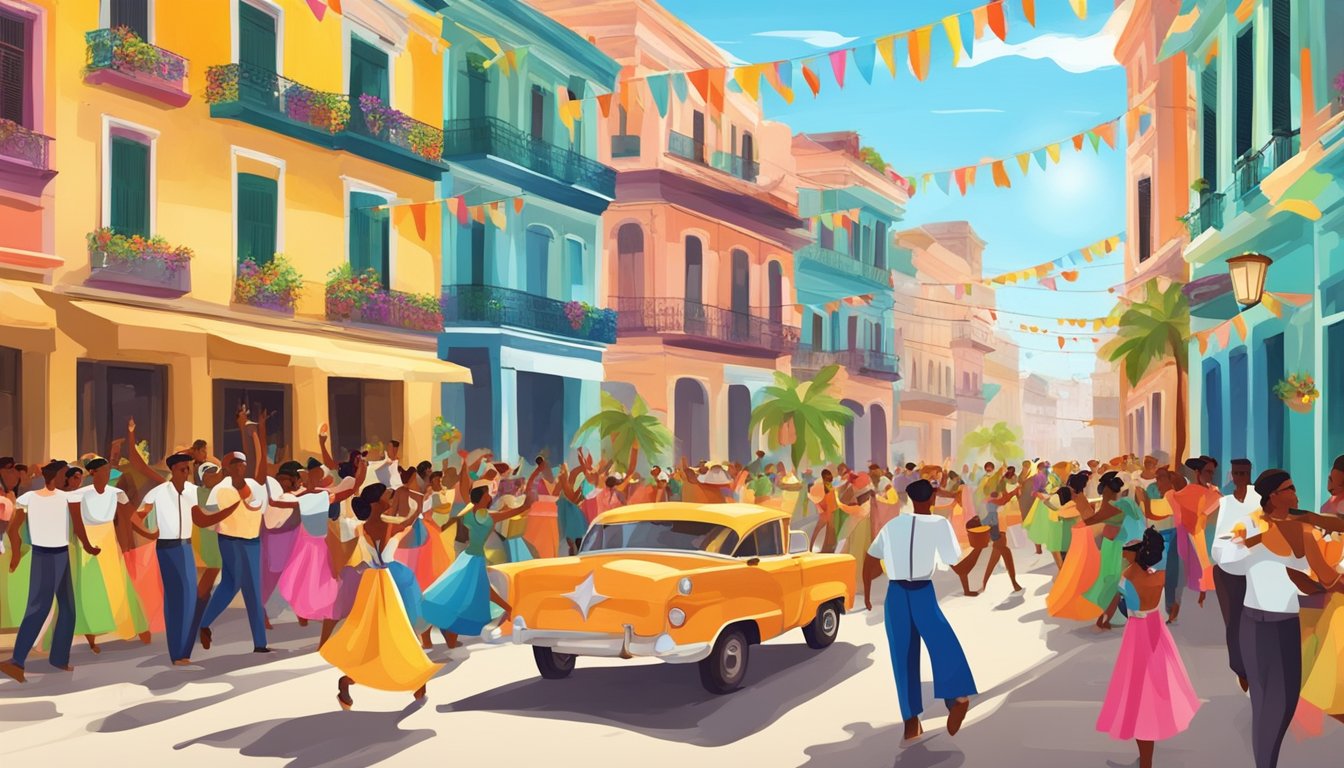 Colorful street parade, with traditional Cuban music and dance. Brightly decorated buildings and festive lights. People celebrating with food and drinks
