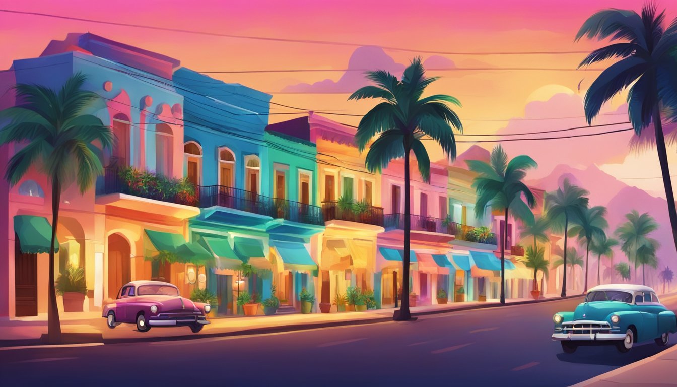 Colorful streets adorned with festive lights and decorations. Palm trees swaying in the warm breeze. A vibrant display of Cuban culture and holiday spirit