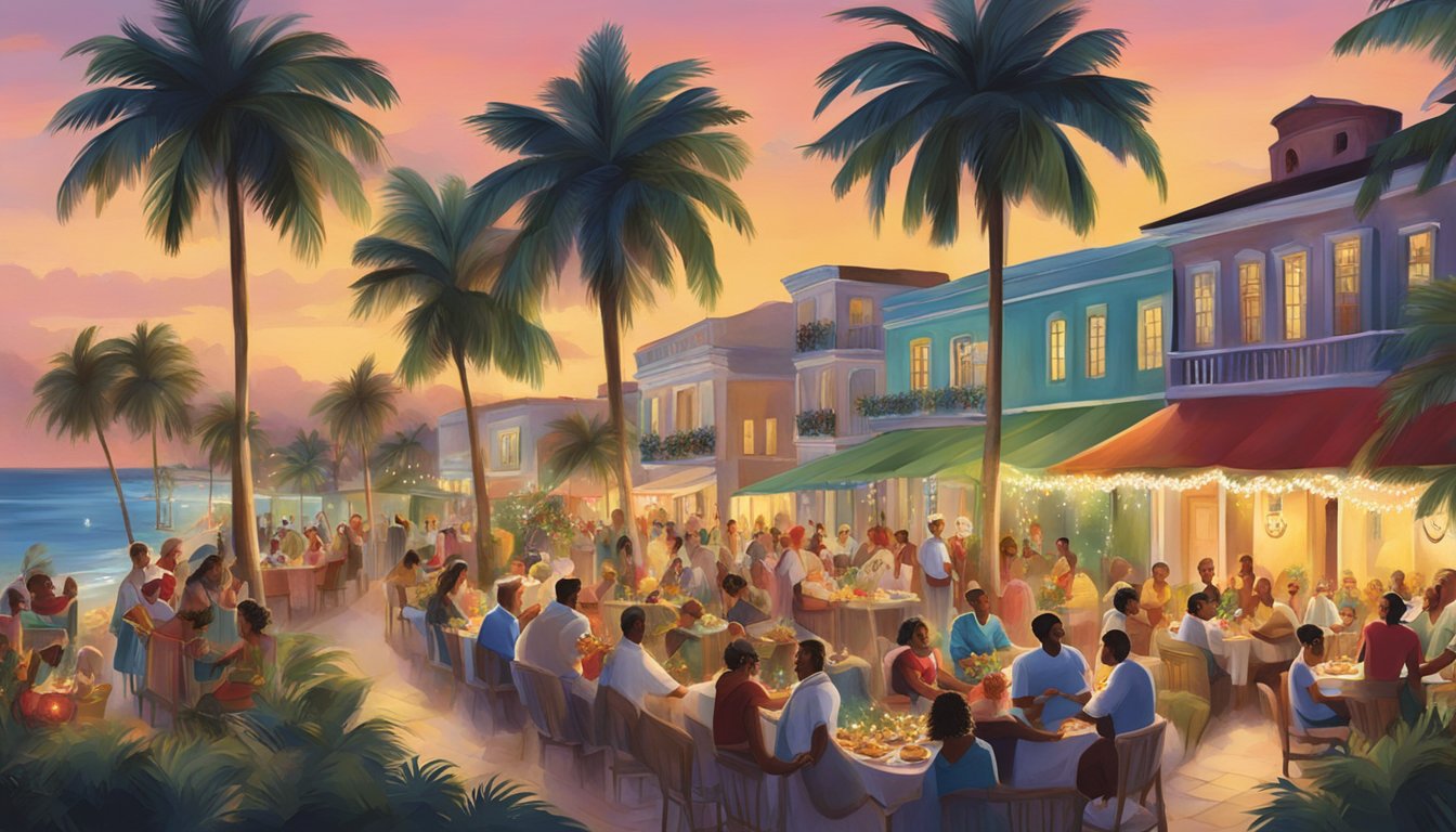 Cuban Christmas: palm trees adorned with lights, traditional music fills the air, families gather for a festive feast