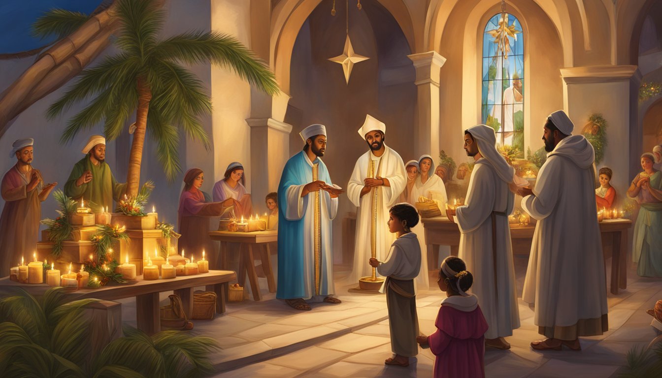 Cuban Christmas: Decorated church, lit candles, incense, and a nativity scene with traditional Cuban elements