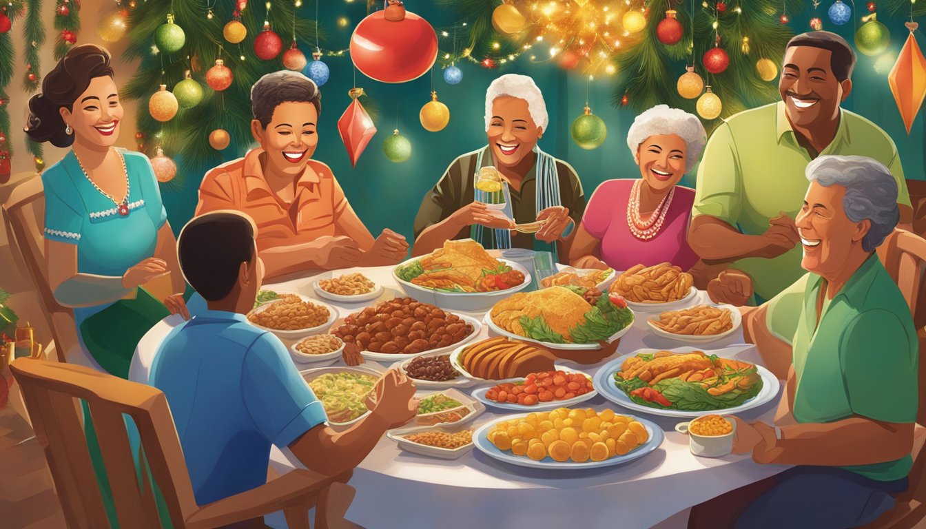 A table adorned with a spread of traditional Cuban Christmas foods, surrounded by family members laughing and sharing stories. Colorful decorations and festive music in the background capture the joyful holiday spirit