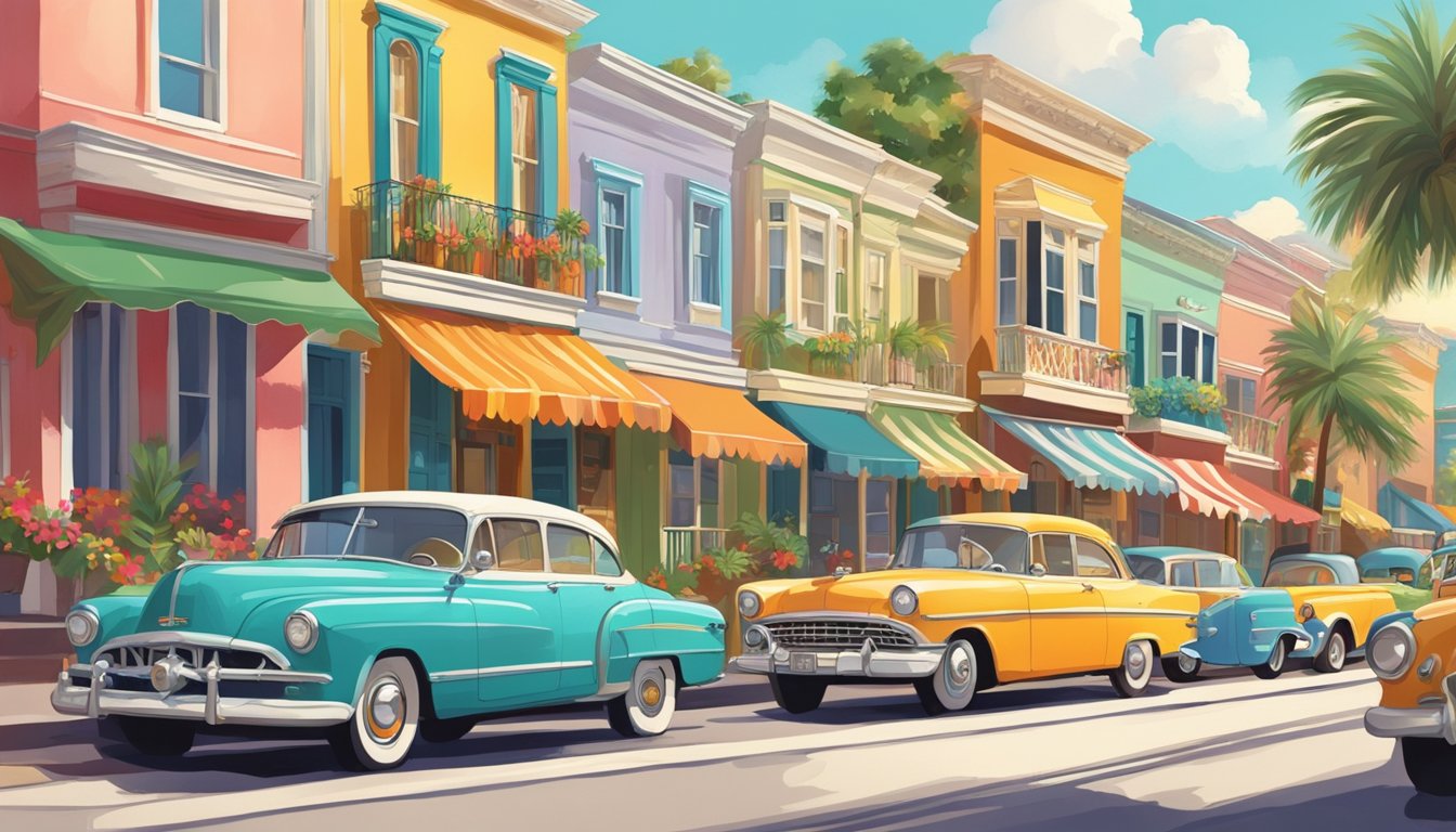 Colorful houses, palm trees, and vintage cars line the streets. Festive decorations adorn the buildings, and the sound of lively music fills the air