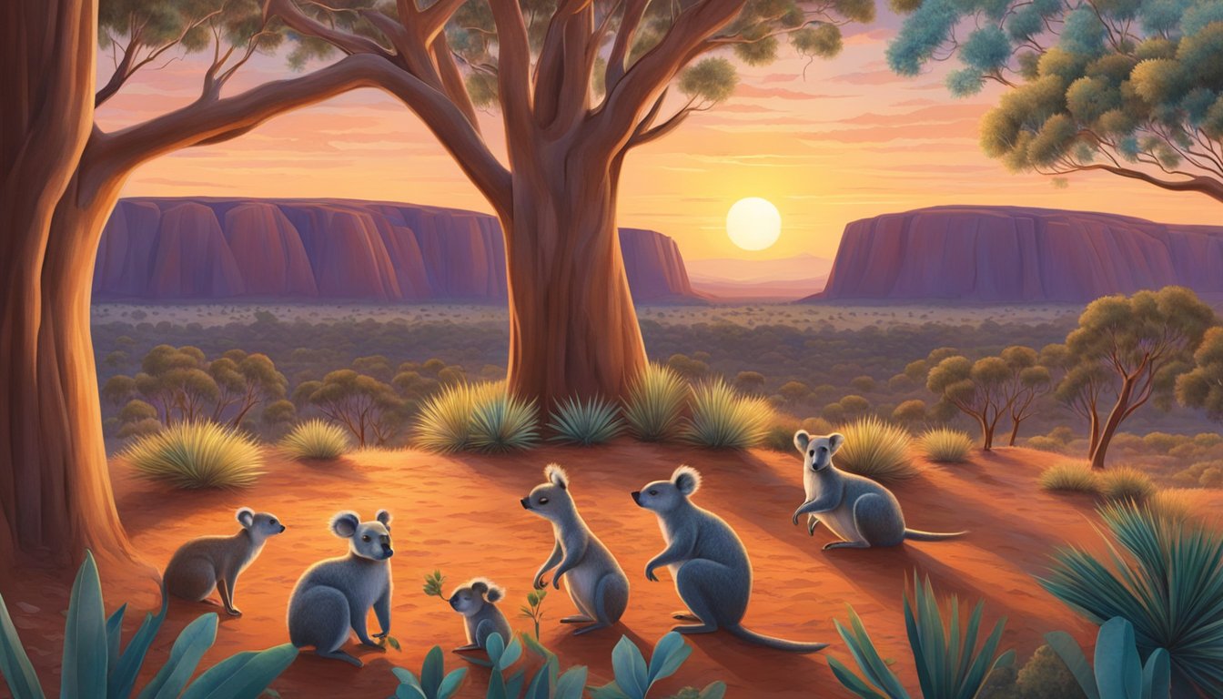 Vibrant decorations adorn the Outback, kangaroos and koalas gather around a festive gum tree, while the sun sets over Uluru