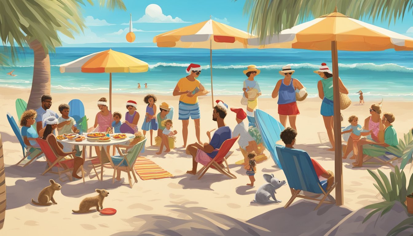 Families gather around a BBQ on a sunny beach. Decorated surfboards and kangaroo-shaped ornaments adorn the palm trees. A koala in a Santa hat lounges in the shade