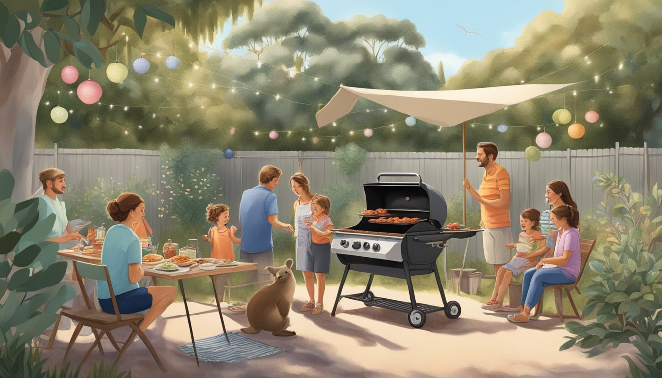 Families gather around a barbeque in a sunny backyard, adorned with festive decorations and surrounded by native Australian flora. A kangaroo and a koala peek out from the eucalyptus trees nearby