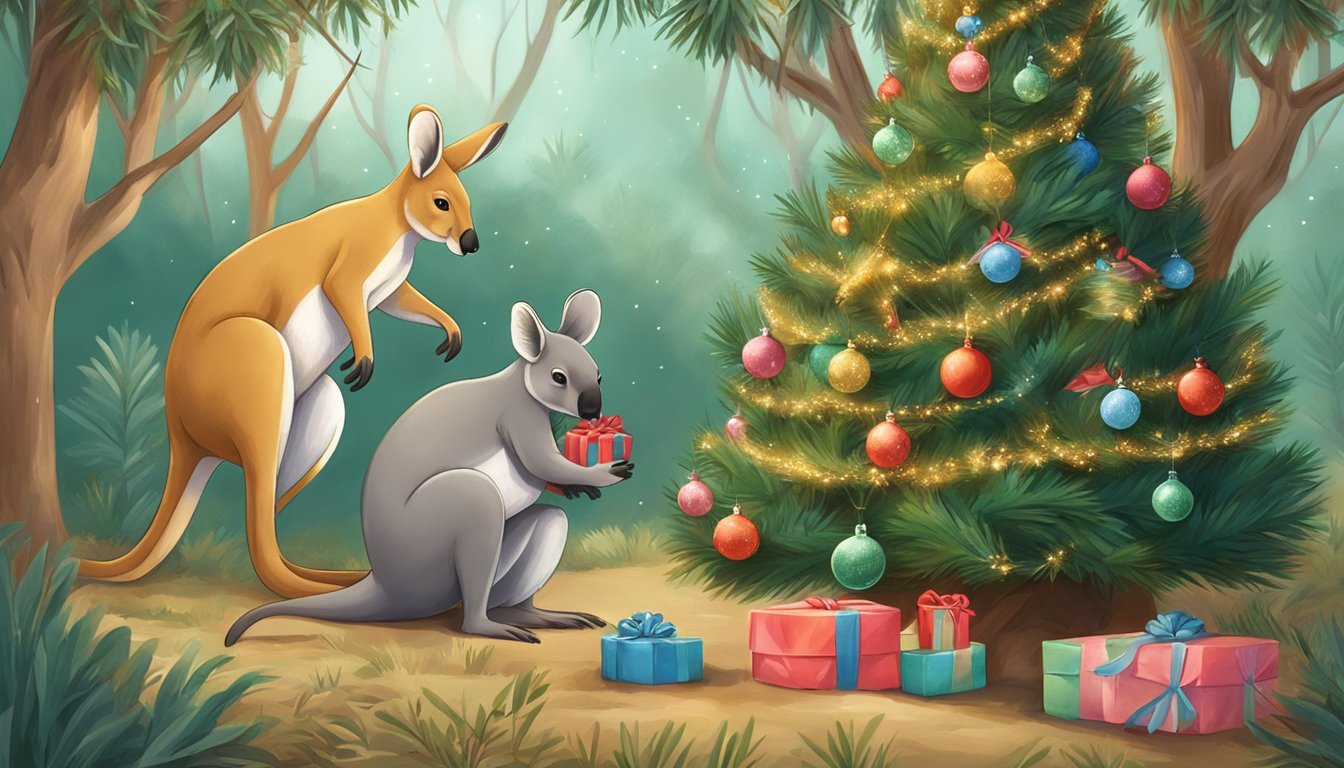 A kangaroo and koala decorating a Christmas tree in the Australian outback
