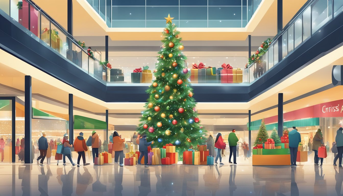 People exchanging gifts under a decorated Christmas tree in a shopping mall filled with festive decorations and shoppers