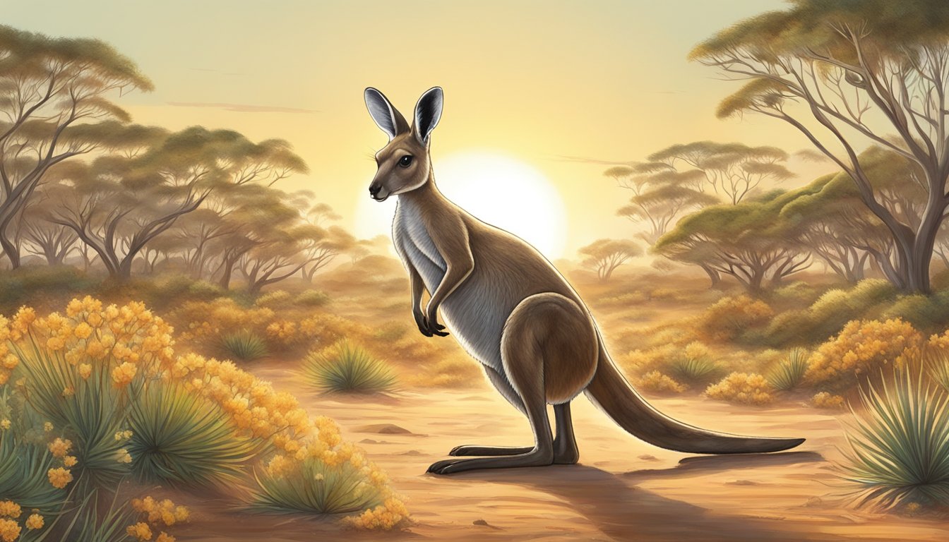 A kangaroo hops across a sun-drenched Outback, adorned with a Santa hat and surrounded by native flora and fauna