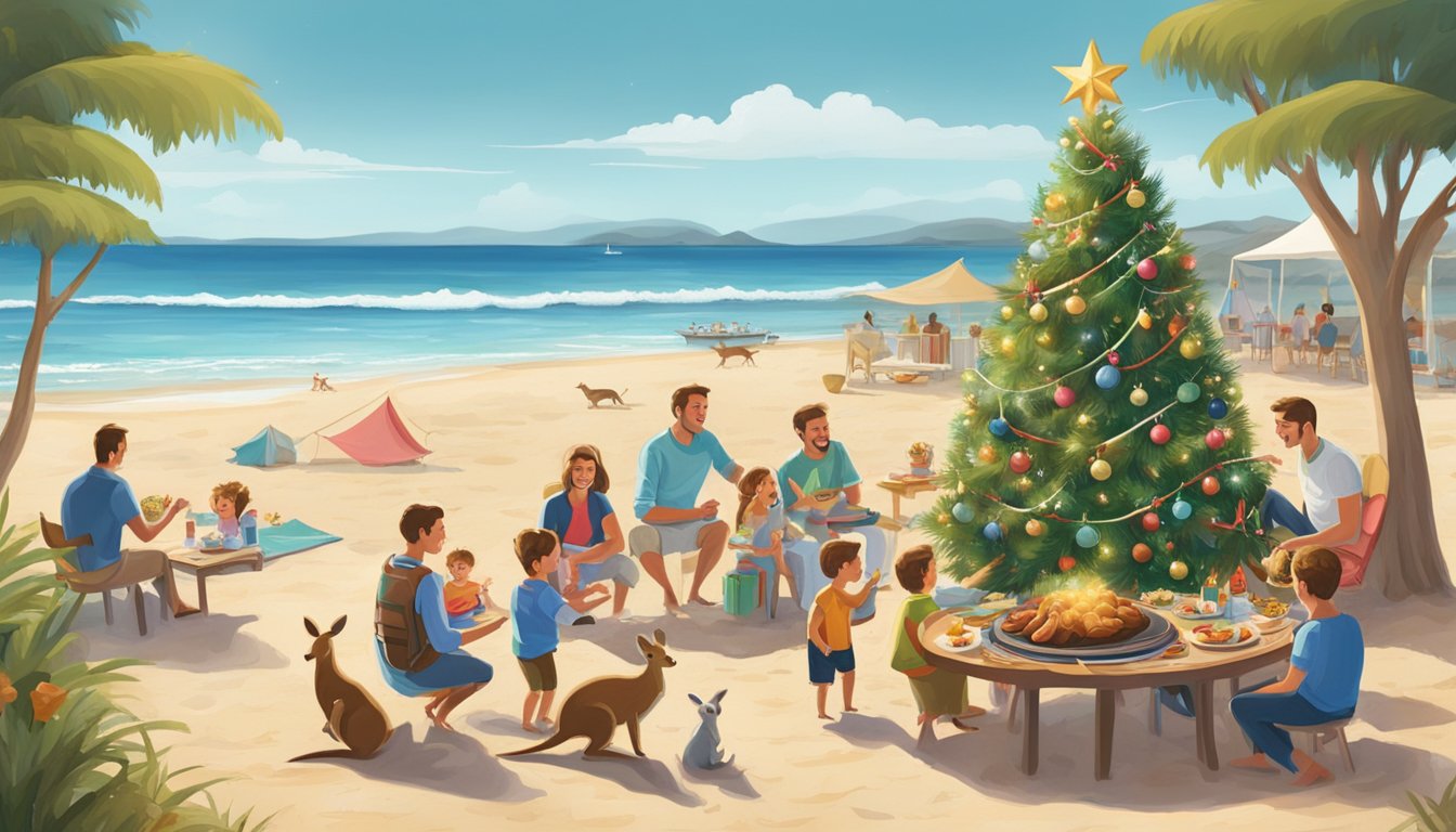 A beach scene with a decorated Christmas tree, surrounded by kangaroos, and a family enjoying a festive barbecue