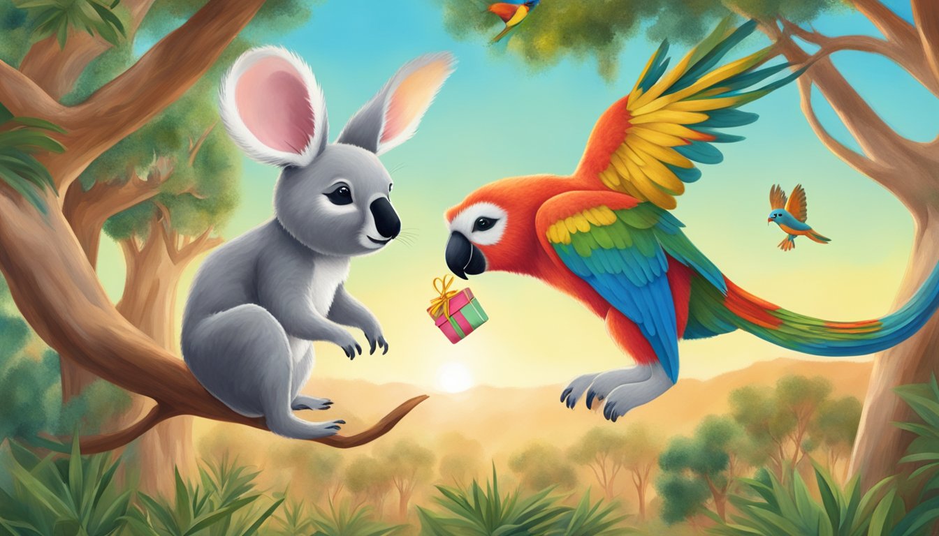A kangaroo and a koala exchange gifts under a gum tree, while colorful parrots fly overhead
