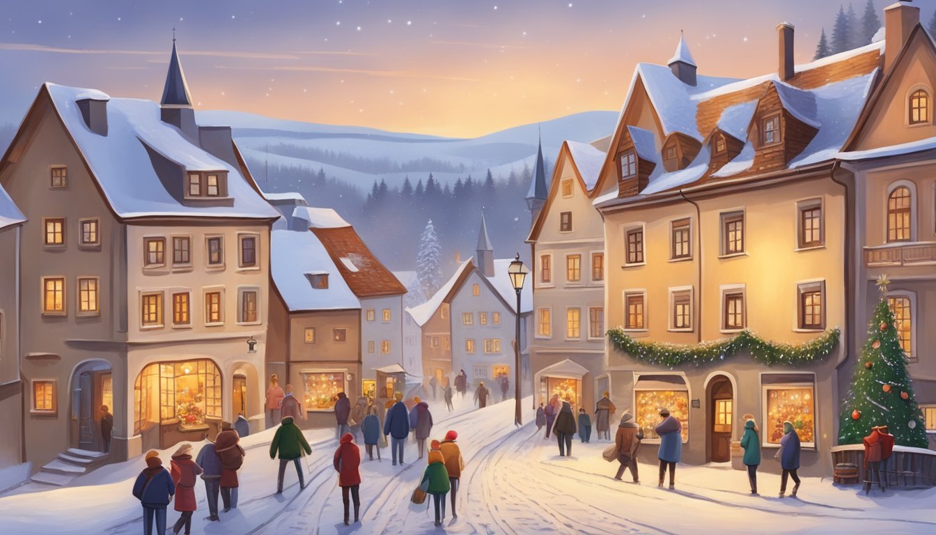 A cozy Czech village with snow-covered rooftops, a traditional wooden Advent wreath hanging in a window, and people bustling about preparing for Christmas festivities
